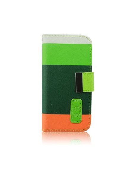 CUSTODIA FLIP ORIZZONTALE per APPLE IPHONE 5, 5s CON STAND E PORTA CARTE FANTASIA RIGHE BIANCO, VERDE, VERDE SCURO E ARANCIONE