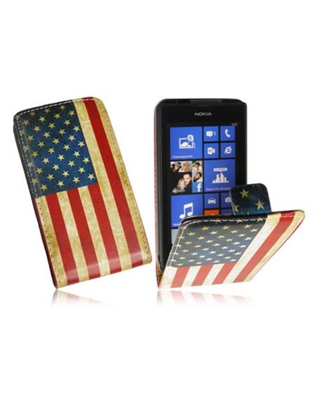 CUSTODIA FLIP VERTICALE SLIM PELLE per NOKIA LUMIA 520, LUMIA 525 FANTASIA BANDIERA USA ANTICATA