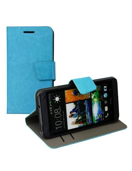 CUSTODIA FLIP ORIZZONTALE PELLE per HTC ONE, M7 CON STAND E PORTA CARTE COLORE AZZURRO