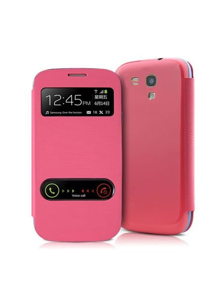 CUSTODIA FLIP ORIZZONTALE per SAMSUNG I8190 GALAXY S3 MINI CON DOPPIA FINESTRA IDENTIFICATIVO CHIAMANTE COLORE ROSA