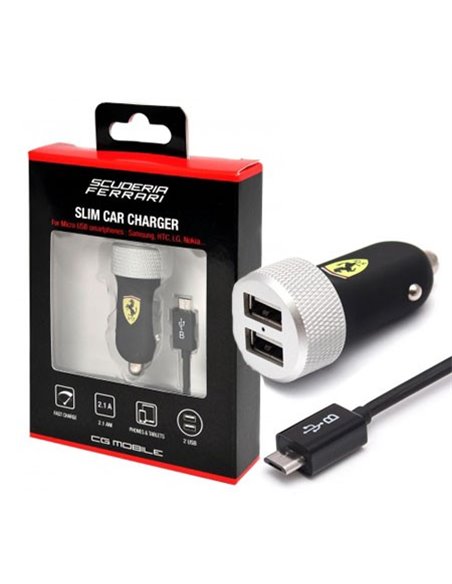 CARICATORE AUTO 2100mAh CON 2 PORTE USB + CAVO MICRO USB - CARICA AD ALTA VELOCITA' COLORE NERO FERRARI BLISTER