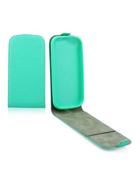 CUSTODIA FLIP VERTICALE SLIM PELLE per SAMSUNG I9190 GALAXY S4 MINI, I9192, I9195 CON INTERNO IN TPU SILICONE COLORE VERDE ACQUA