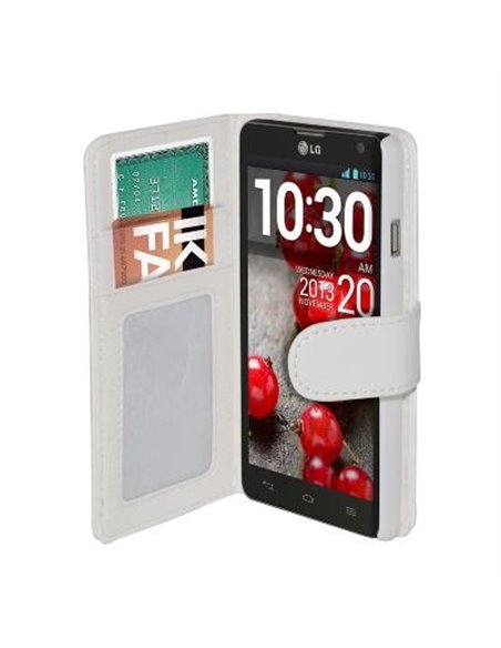 CUSTODIA FLIP ORIZZONTALE per LG OPTIMUS L9 II, D605 CON STAND E TASCHE PORTA CARTE COLORE BIANCO