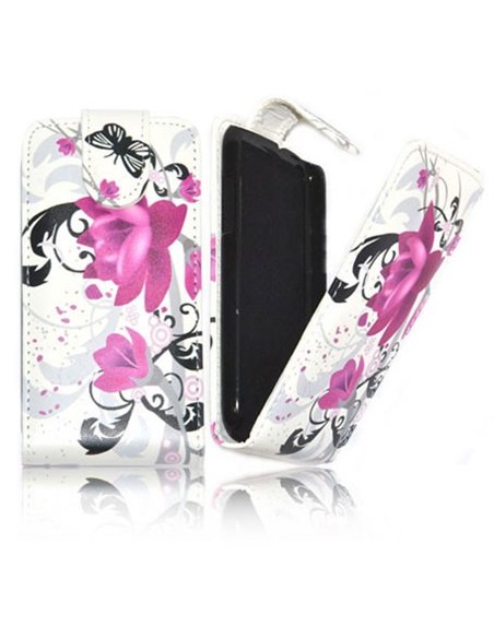 CUSTODIA FLIP VERTICALE PELLE per SONY XPERIA M, C1904, C1905, C2004, C2005 FANTASIA FIORI SU SFONDO BIANCO