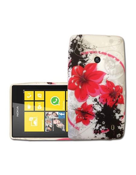 CUSTODIA GEL TPU SILICONE per NOKIA LUMIA 520, LUMIA 525 FANTASIA FIORI ROSSI SU SFONDO BIANCO