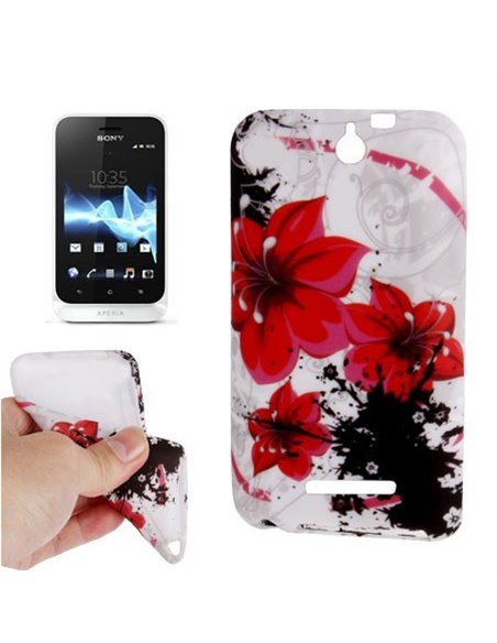 CUSTODIA GEL TPU SILICONE per SONY XPERIA E, C1504, C1505, C1604, C1605 FANTASIA FIORI ROSSI SU SFONDO BIANCO