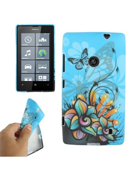 CUSTODIA GEL TPU SILICONE per NOKIA LUMIA 520, LUMIA 525 FANTASIA FIORI E FARFALLE SU SFONDO BLU