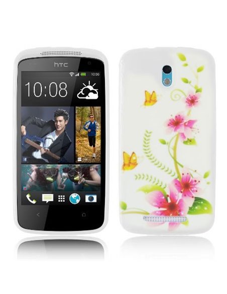 CUSTODIA GEL TPU SILICONE per HTC DESIRE 500 FANTASIA FIORI E FARFALLE SU SFONDO BIANCO