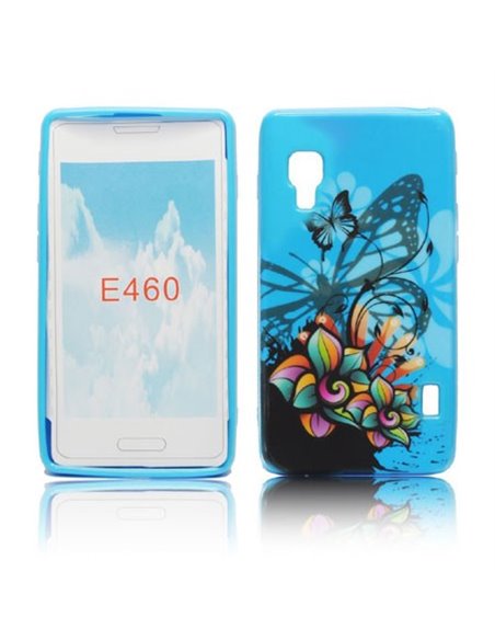 CUSTODIA GEL TPU SILICONE per LG OPTIMUS L5 II, E460 FANTASIA FIORI E FARFALLE SU SFONDO BLU