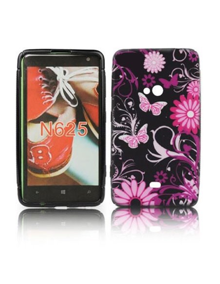 CUSTODIA GEL TPU SILICONE per NOKIA LUMIA 625 FANTASIA FIORI E FARFALLE ROSA SU SFONDO NERO