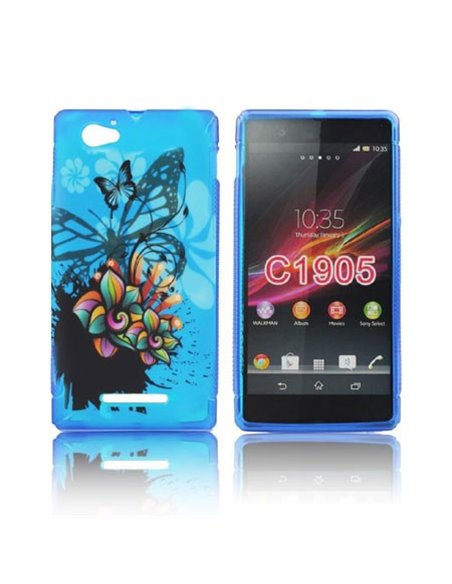 CUSTODIA GEL TPU SILICONE per SONY XPERIA M, C1904, C1905, C2004, C2005 FANTASIA FIORI E FARFALLE SU SFONDO BLU