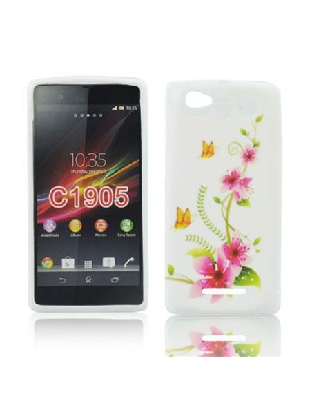 CUSTODIA GEL TPU SILICONE per SONY XPERIA M, C1904, C1905, C2004, C2005 FANTASIA FIORI E FARFALLE SU SFONDO BIANCO