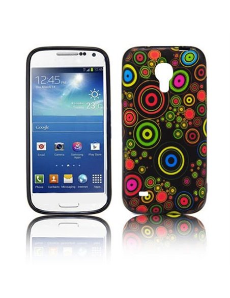 CUSTODIA GEL TPU SILICONE per SAMSUNG I9190 GALAXY S4 MINI, I9192, I9195 FANTASIA CERCHI COLORATI SU SFONDO NERO