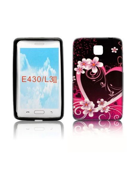 CUSTODIA GEL TPU SILICONE per LG OPTIMUS L3 II, E430 FANTASIA FIORI E CUORE VIOLA SU SFONDO NERO