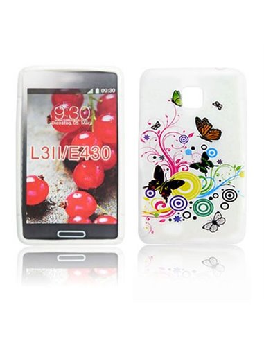 CUSTODIA GEL TPU SILICONE per LG OPTIMUS L3 II, E430 FANTASIA FARFALLE SU SFONDO BIANCO