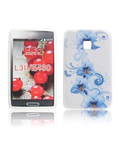 CUSTODIA GEL TPU SILICONE per LG OPTIMUS L3 II, E430 FANTASIA FIORI BLU SU SFONDO BIANCO