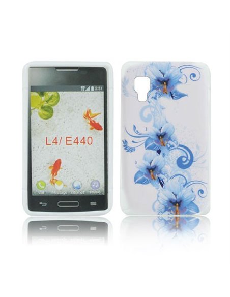 CUSTODIA GEL TPU SILICONE per LG OPTIMUS L4 II, E440 FANTASIA FIORI BLU SU SFONDO BIANCO