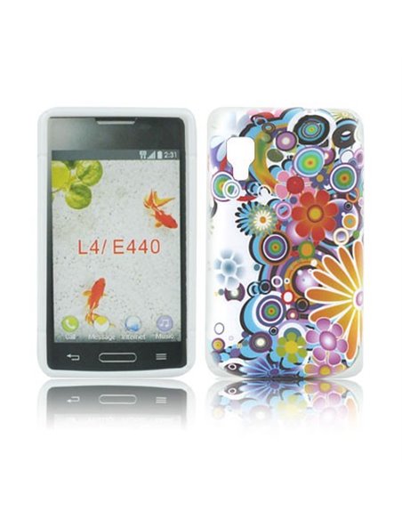 CUSTODIA GEL TPU SILICONE per LG OPTIMUS L4 II, E440 FANTASIA FIORI COLORATI SU SFONDO BIANCO