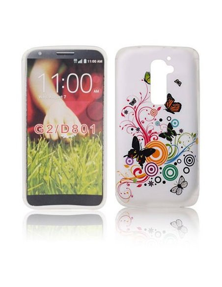 CUSTODIA GEL TPU SILICONE per LG OPTIMUS G2, D802, D802TA, D803 FANTASIA FARFALLE SU SFONDO BIANCO