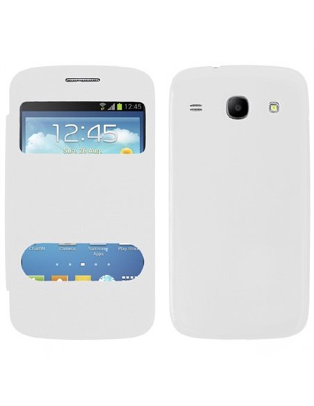 CUSTODIA FLIP COVER ORIZZONTALE per SAMSUNG I8260 GALAXY CORE, I8262 CON DOPPIA FINESTRA IDENTIFICATIVO CHIAMANTE BIANCO