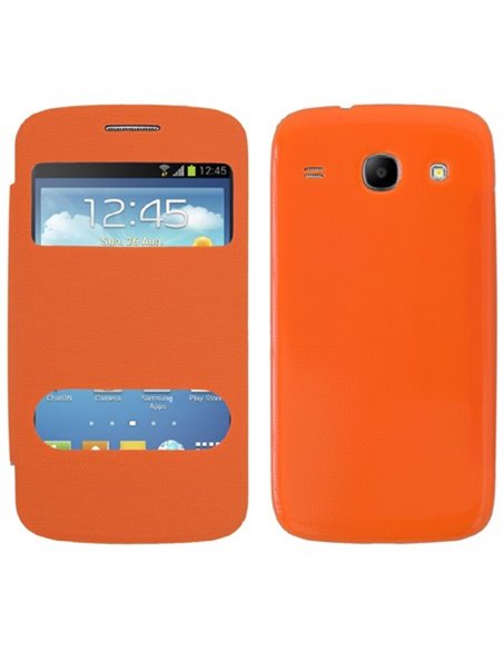 CUSTODIA FLIP COVER ORIZZONTALE per SAMSUNG I8260 GALAXY CORE, I8262 CON DOPPIA FINESTRA IDENTIFICATIVO CHIAMANTE ARANCIONE