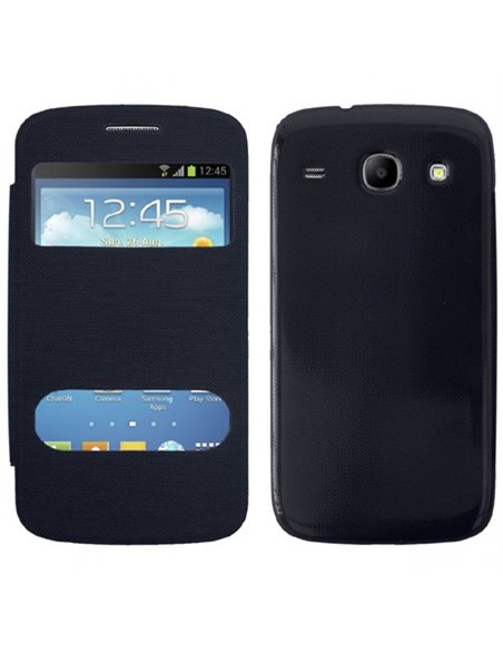 CUSTODIA FLIP COVER ORIZZONTALE per SAMSUNG I8260 GALAXY CORE, I8262 CON DOPPIA FINESTRA IDENTIFICATIVO CHIAMANTE BLU