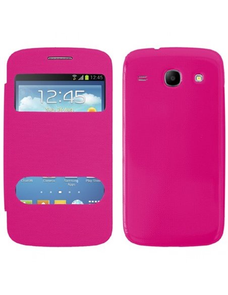 CUSTODIA FLIP COVER ORIZZONTALE per SAMSUNG I8260 GALAXY CORE, I8262 CON DOPPIA FINESTRA IDENTIFICATIVO CHIAMANTE ROSA