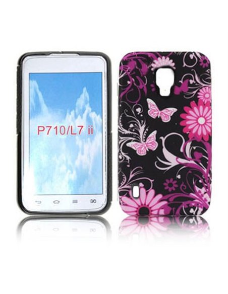 CUSTODIA GEL TPU SILICONE per LG L7 II, P710 FANTASIA FIORI E FARFALLE ROSA SU SFONDO NERO