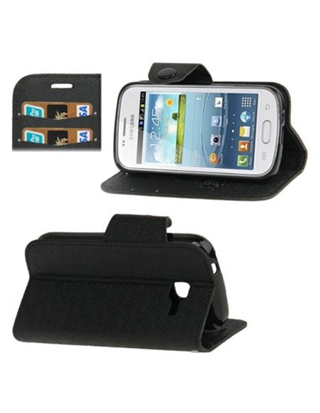 CUSTODIA FLIP ORIZZONTALE PELLE per SAMSUNG S7570 GALAXY TREND 2, S7572 CON STAND E PORTA CARTE FANTASIA CROSS COLORE NERO