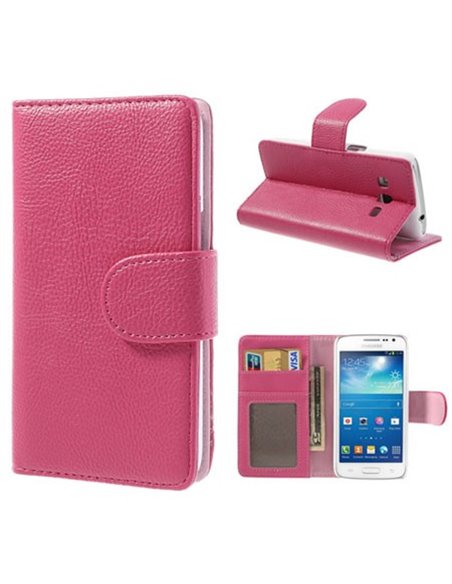 CUSTODIA FLIP ORIZZONTALE PELLE RUVIDA per SAMSUNG G3815 GALAXY EXPRESS 2 CON STAND E TASCHE PORTA CARTE COLORE ROSA