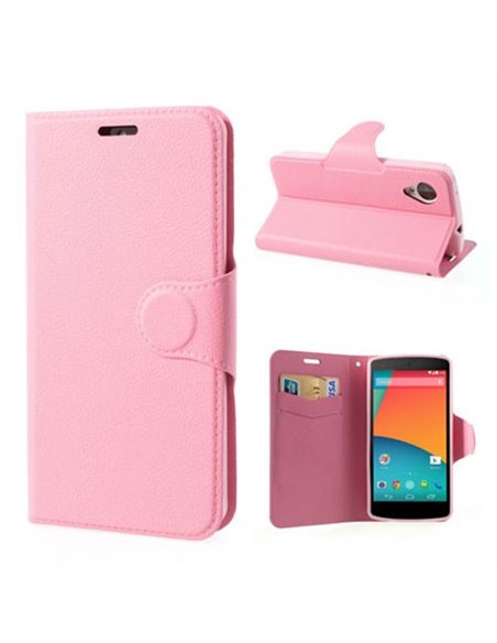 CUSTODIA per LG NEXUS 5 (D820) ORIZZONTALE SLIM SIMILPELLE CON STAND, PORTA CARTE ED INTERNO IN TPU SILICONE COLORE ROSA