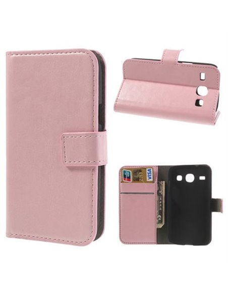 CUSTODIA FLIP ORIZZONTALE PELLE per SAMSUNG I8260 GALAXY CORE, I8262 CON STAND E TASCHE PORTA CARTE COLORE ROSA