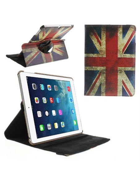 CUSTODIA BOOK ORIZZONTALE PELLE GIREVOLE per APPLE IPAD AIR, IPAD 5 CON STAND FANTASIA BANDIERA UK ANTICATA