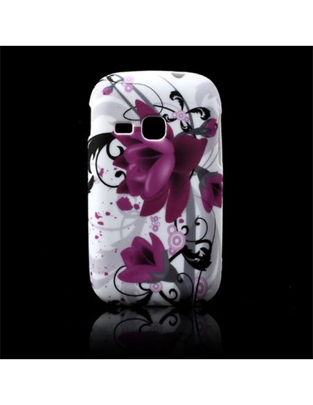 CUSTODIA GEL TPU SILICONE per SAMSUNG S6310 GALAXY YOUNG, S6312 GALAXY YOUNG DUOS FANTASIA FIORI VIOLA SU SFONDO BIANCO