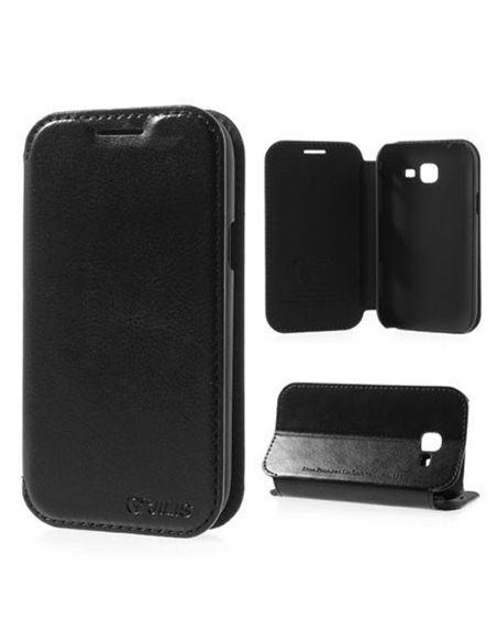 CUSTODIA FLIP ORIZZONTALE PELLE per SAMSUNG S7570 GALAXY TREND II, S7572 GALAXY TREND II DUOS CON STAND COLORE NERO