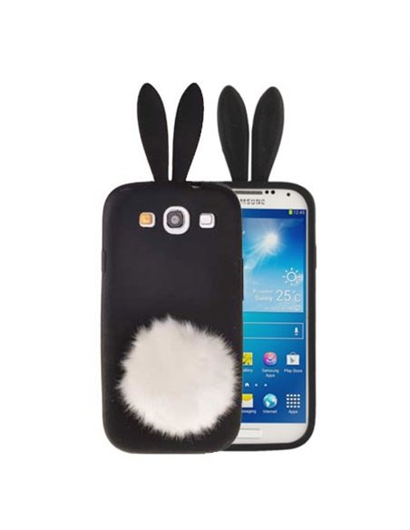 CUSTODIA GEL TPU SILICONE per SAMSUNG I9500 GALAXY S4, I9505, I9502 FANTASIA CONIGLIO CON CODA PON PON COLORE NERO