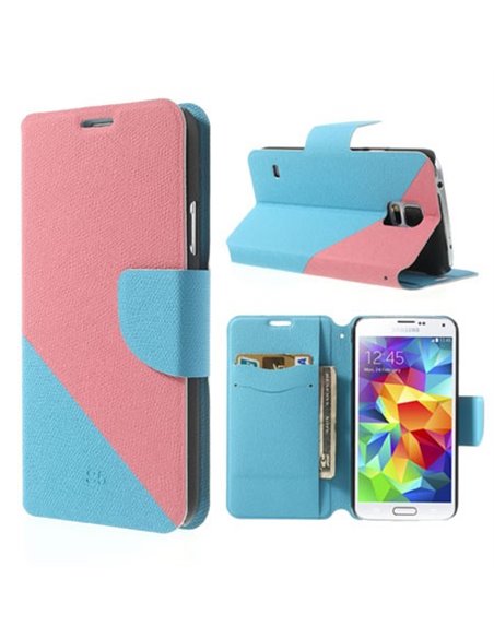 CUSTODIA FLIP ORIZZONTALE SIMILPELLE per SAMSUNG G900F GALAXY S5, S5 NEO CON STAND E PORTA CARTE BICOLORE ROSA E AZZURRO