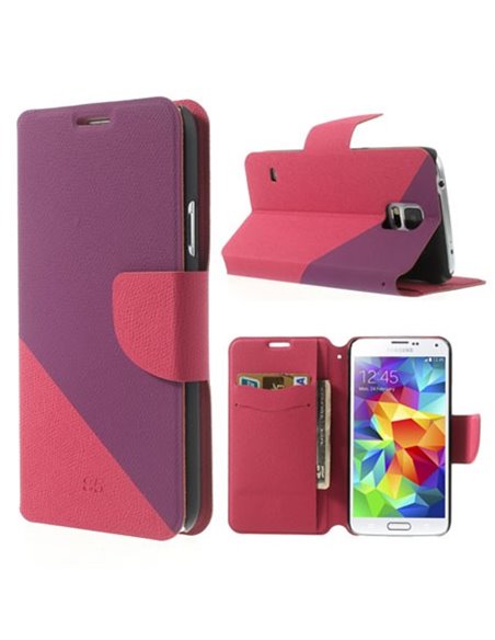 CUSTODIA FLIP ORIZZONTALE SIMILPELLE per SAMSUNG G900F GALAXY S5, S5 NEO CON STAND E PORTA CARTE BICOLORE VIOLA E FUCSIA