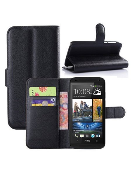 CUSTODIA FLIP ORIZZONTALE PELLE per HTC DESIRE 601, ZARA CON STAND E TASCHE PORTA CARTE COLORE NERO