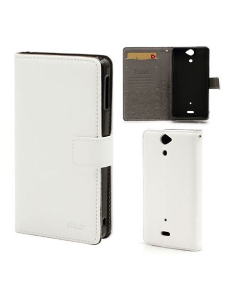 CUSTODIA FLIP ORIZZONTALE PELLE per SONY XPERIA V LT25I CON STAND E TASCHE PORTA CARTE COLORE BIANCO