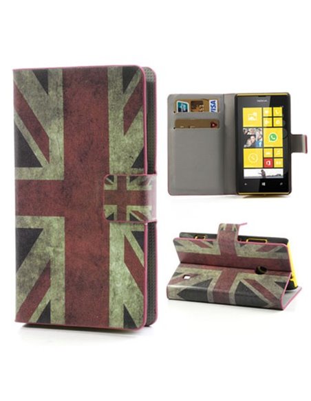 CUSTODIA FLIP ORIZZONTALE PELLE per NOKIA LUMIA 520, LUMIA 525 CON STAND E TASCHE PORTA CARTE FANTASIA BANDIERA UK ANTICATA