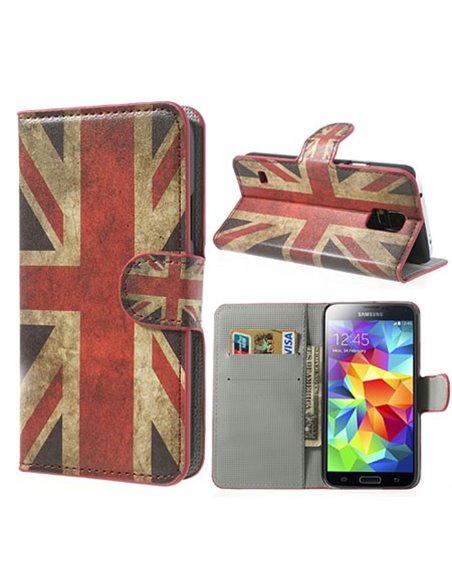 CUSTODIA FLIP ORIZZONTALE SIMILPELLE per SAMSUNG G900 GALAXY S5, S5 NEO CON STAND E PORTA CARTE FANTASIA BANDIERA UK ANTICATA