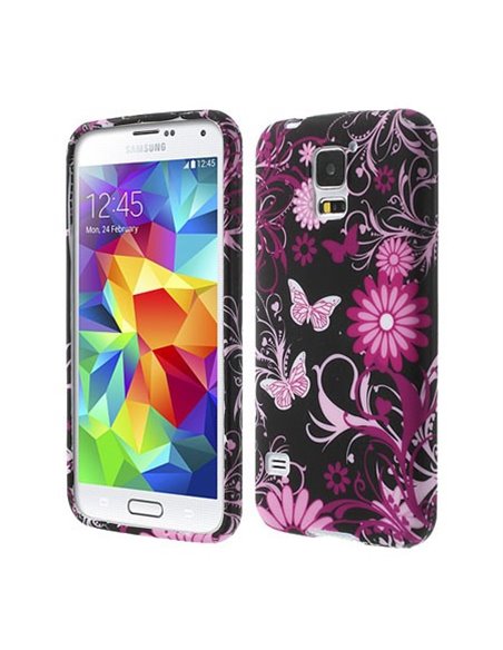 CUSTODIA GEL TPU SILICONE per SAMSUNG G900F GALAXY S5, GALAXY S5 NEO G903F FANTASIA FIORI E FARFALLE ROSA SU SFONDO NERO