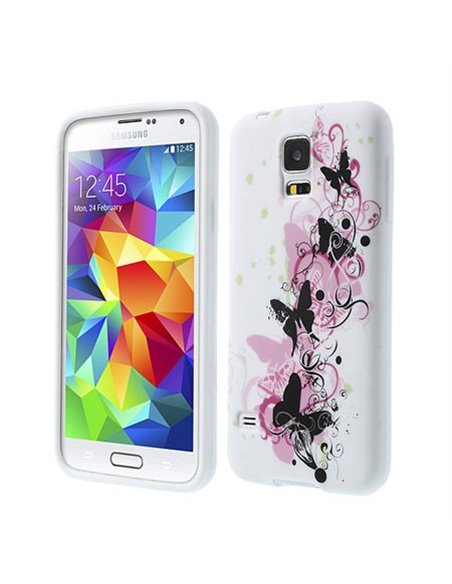 CUSTODIA GEL TPU SILICONE per SAMSUNG G900F GALAXY S5, GALAXY S5 NEO G903F FANTASIA FARFALLE ROSA SU SFONDO BIANCO