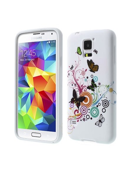 CUSTODIA GEL TPU SILICONE per SAMSUNG G900F GALAXY S5, GALAXY S5 NEO G903F FANTASIA FARFALLE COLORATE SU SFONDO BIANCO