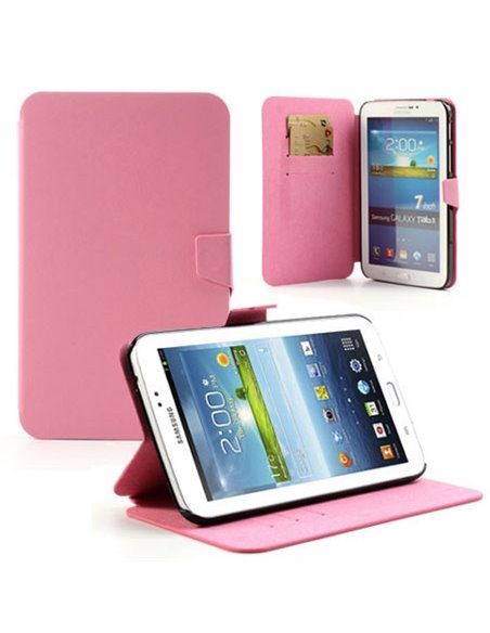 CUSTODIA BOOK ORIZZONTALE PELLE per SAMSUNG P3200 GALAXY TAB 3 7.0, P3210 CON STAND E TASCHE PORTA CARTE COLORE ROSA