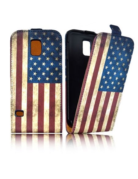 CUSTODIA FLIP VERTICALE SLIM SIMILPELLE per SAMSUNG G900F GALAXY S5, GALAXY S5 NEO G903F FANTASIA BANDIERA USA ANTICATA