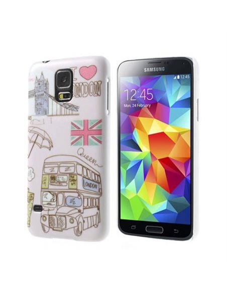 CUSTODIA BACK RIGIDA per SAMSUNG G900F GALAXY S5, GALAXY S5 NEO G903F FANTASIA LONDRA CON BUS E BANDIERA SU SFONDO ROSA