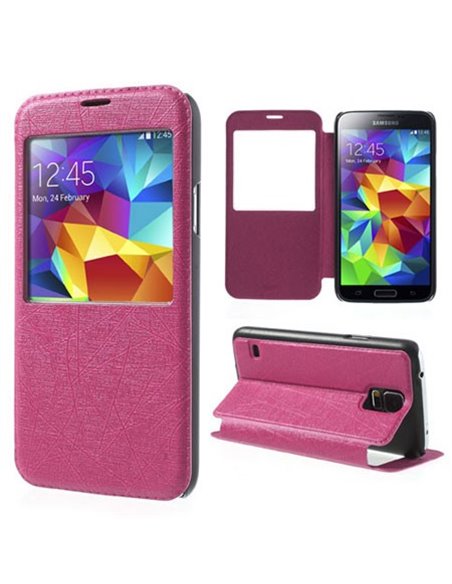 CUSTODIA FLIP ORIZZONTALE per SAMSUNG G900F GALAXY S5, GALAXY S5 NEO G903F CON FINESTRA ID E STAND COLORE FUCSIA FANTASIA GRAFFI