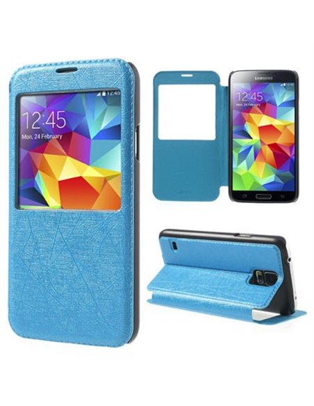 CUSTODIA FLIP ORIZZONTALE per SAMSUNG G900F GALAXY S5, GALAXY S5 NEO G903F CON FINESTRA ID E STAND COLORE BLU FANTASIA GRAFFITI